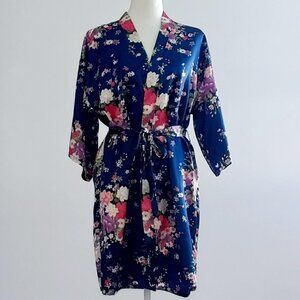 Silky Satin Robe for Women, Floral Pattern Kimono Short Dark Blue Size Small